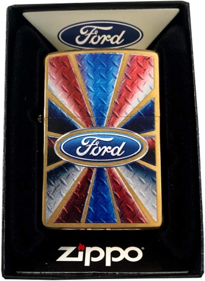 Ford Script in Oval Logo on Red White and Blue - Brushed Brass Zippo Lighter