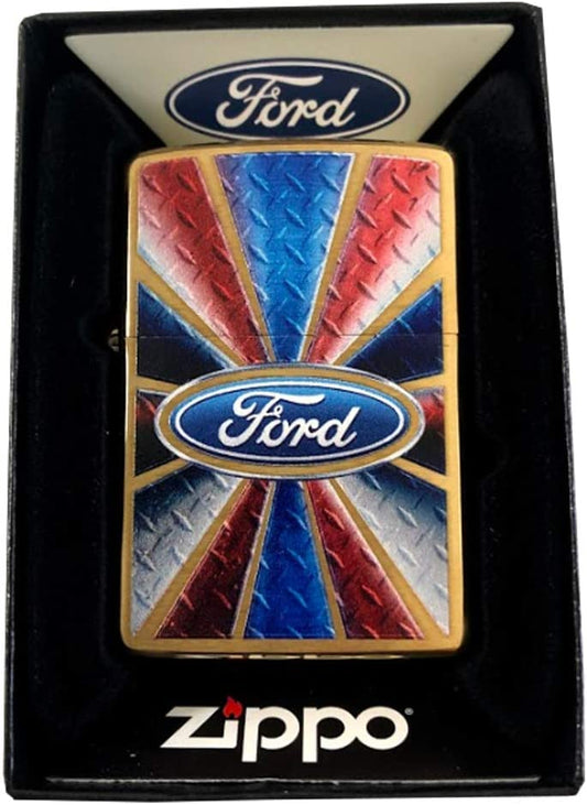 Ford Script in Oval Logo on Red White and Blue - Brushed Brass Zippo Lighter