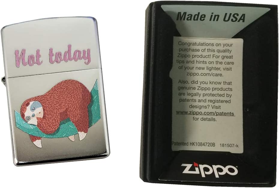 Not Today Cute Sleeping Sloth - Satin Chrome Zippo Lighter