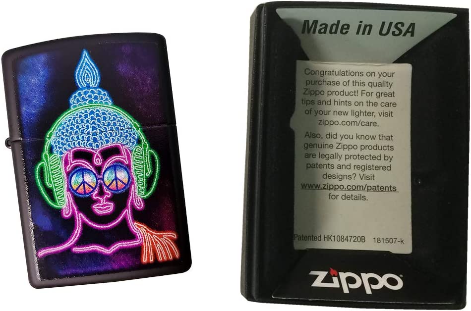 Chill Space Galaxy Headphones Neon Buddha with Peace Signs - Black Matte Zippo Lighter