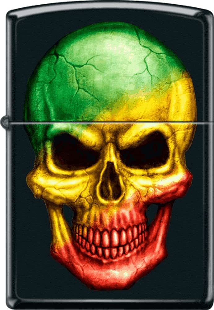 Rasta Colored Skull - Black Matte Zippo Lighter