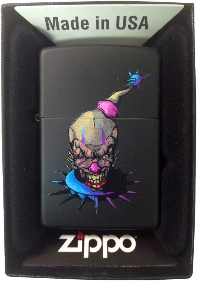 Sneering Evil Clown with Purple and Blue Spikes and Makeup - Black Matte Zippo Lighter