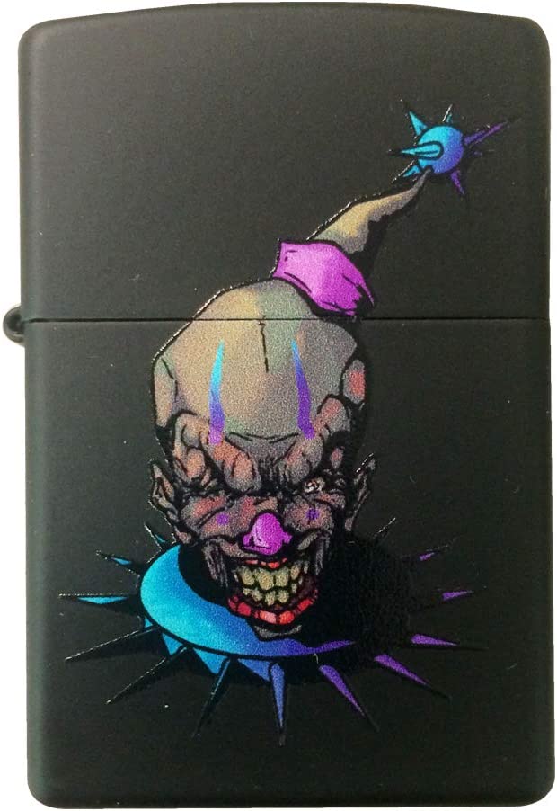 Sneering Evil Clown with Purple and Blue Spikes and Makeup - Black Matte Zippo Lighter