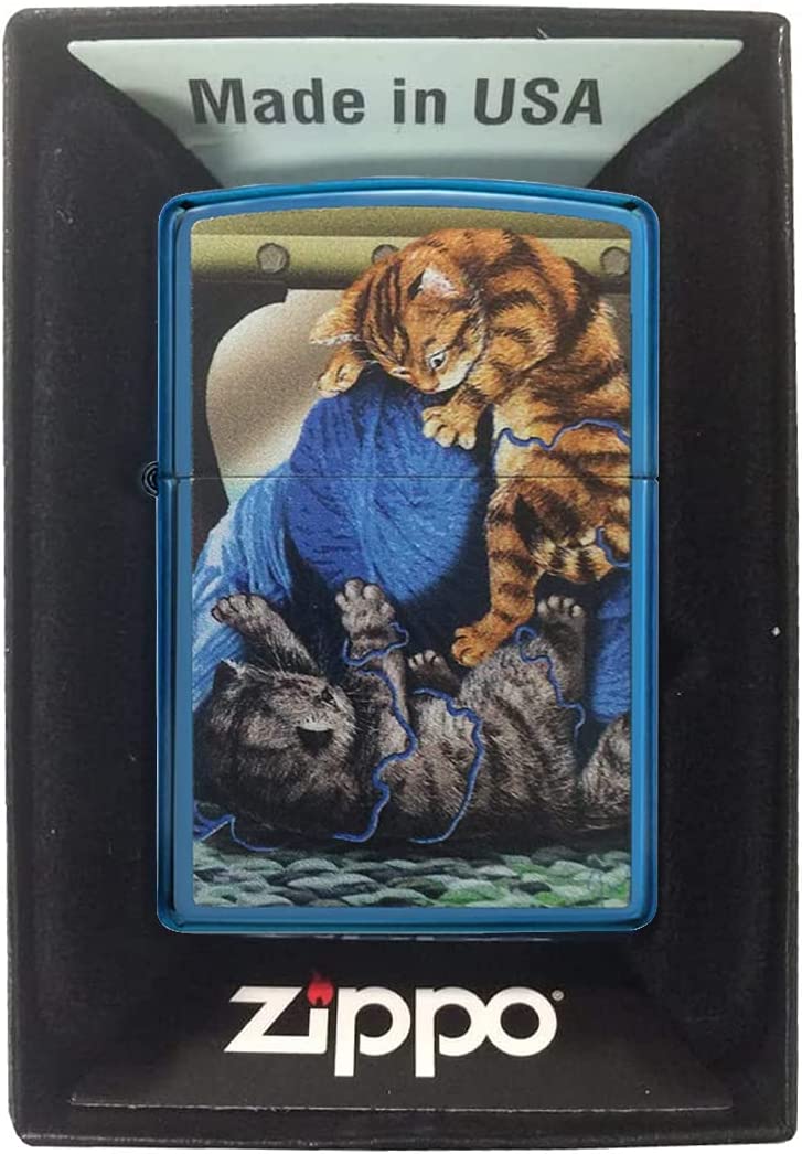 Playful Orange and Grey Kittens with Blue Yarn Ball - High Polish Blue/Sapphire Zippo Lighter
