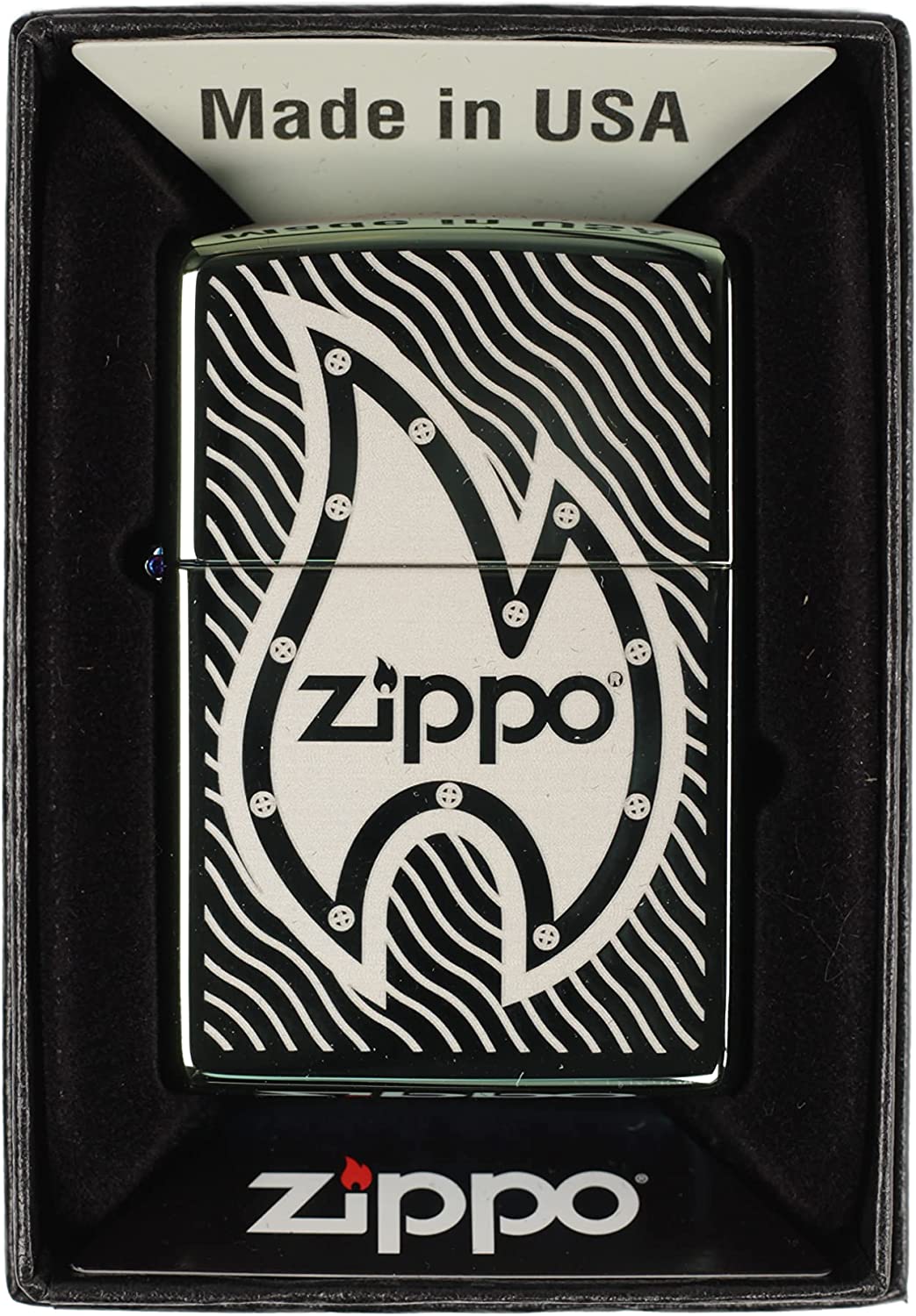 Bolted Zippo Logo Flame - Engraved High Polish Teal Zippo Lighter