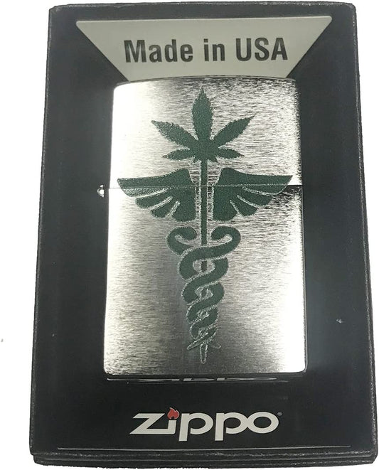 Medical Marijuana Caduceus - Brushed Chrome Zippo Lighter