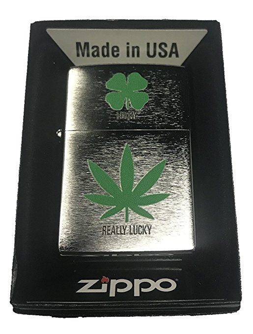 Lucky Really Lucky Clover and Pot Leaf - Brushed Chrome Zippo Lighter