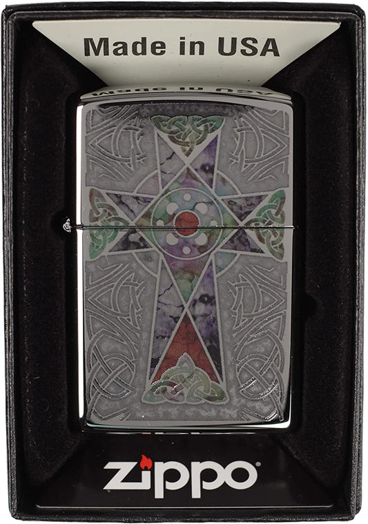 Celtic Knot Cross and Background - Fusion High Polish Chrome Zippo Lighter