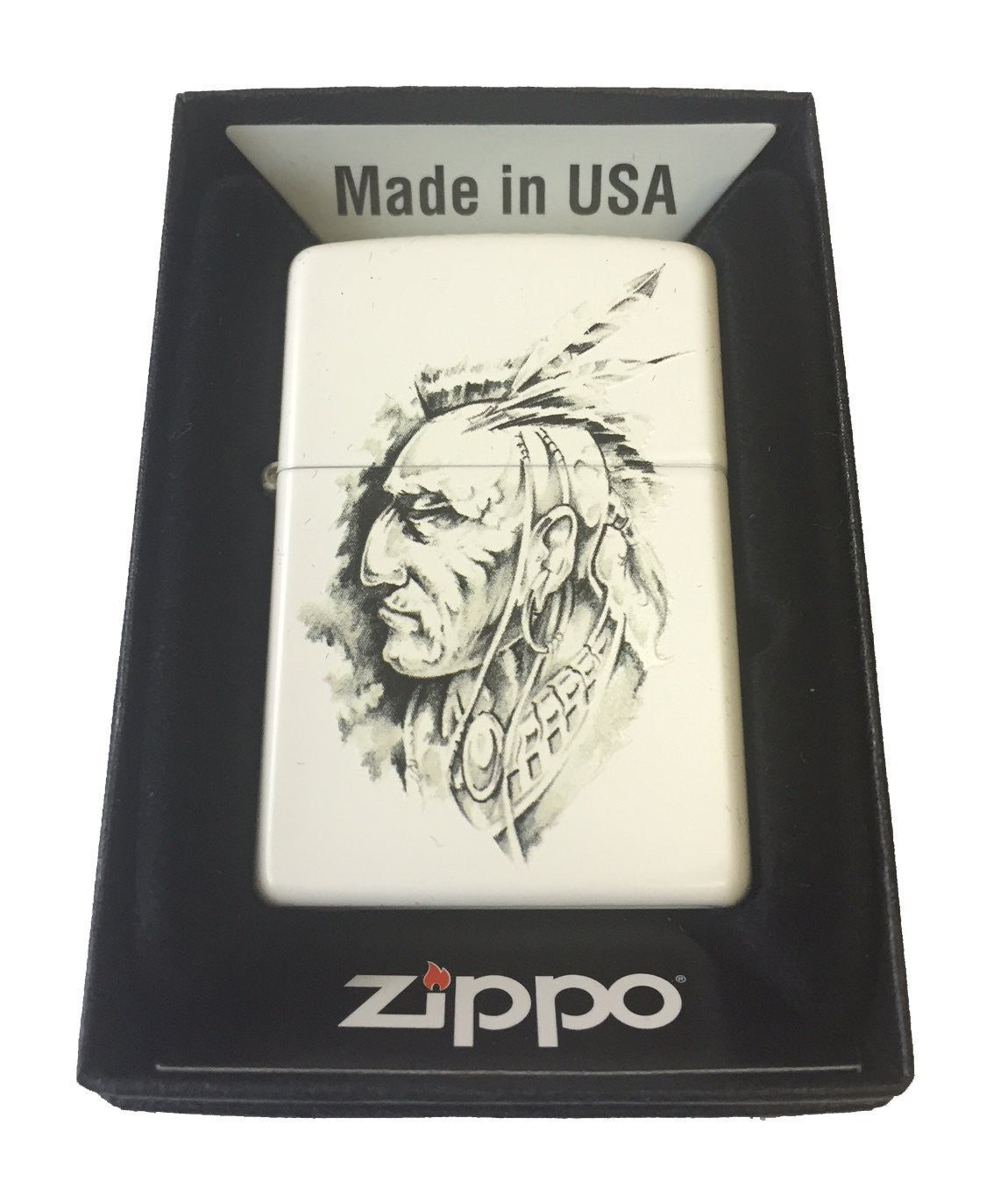 Native American Indian Chief Art Sketch - White Matte Zippo Lighter