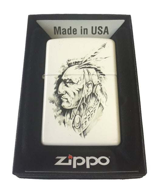 Native American Indian Chief Art Sketch - White Matte Zippo Lighter