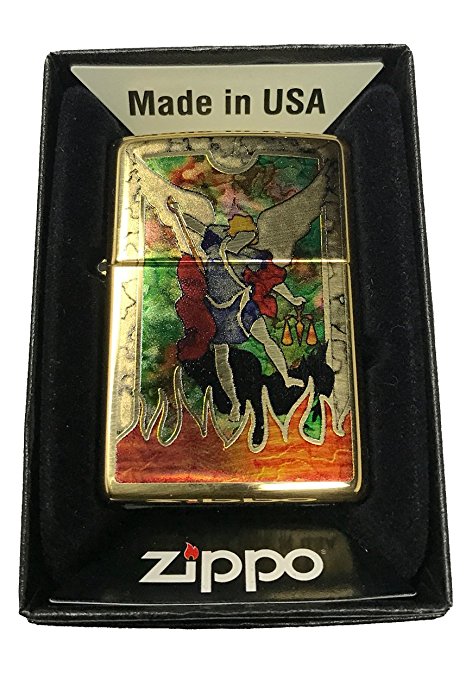 St. Michael the Archangel Stained Glass Design - Fusion High Polish Brass Zippo Lighter
