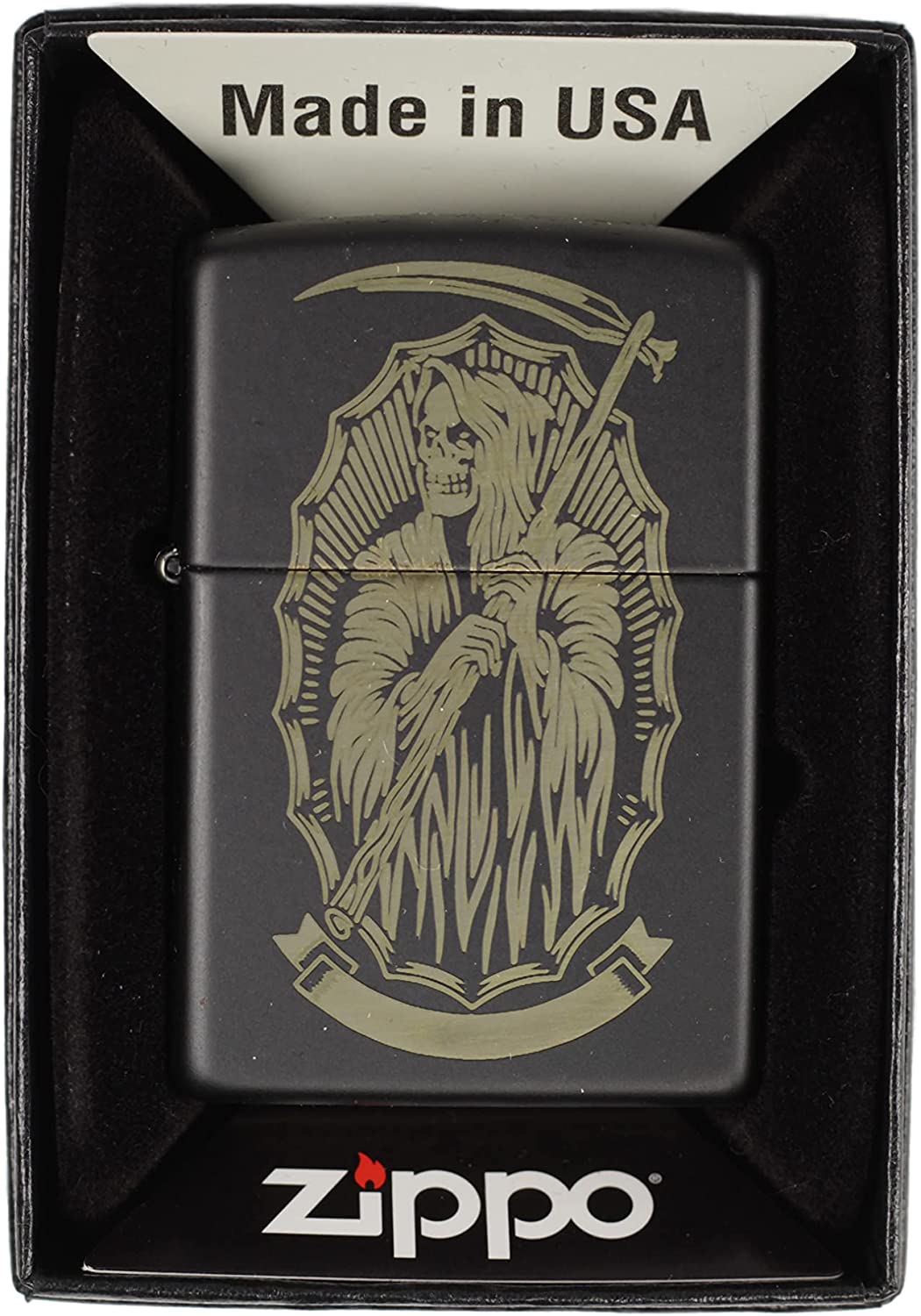 Grim Reaper Emblem and Ribbon - Engraved Black Matte Zippo Lighter