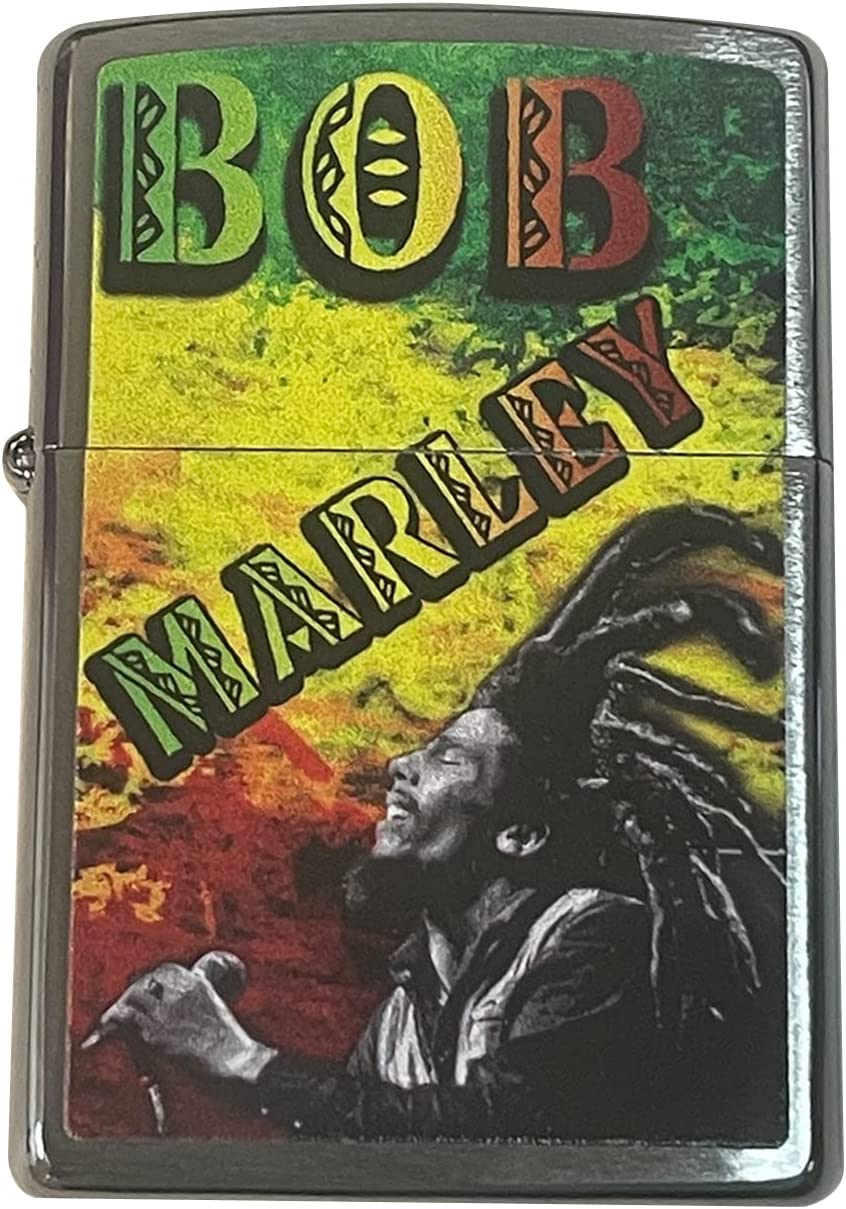 Bob Marley with Rasta Colors - Brushed Chrome Zippo Lighter