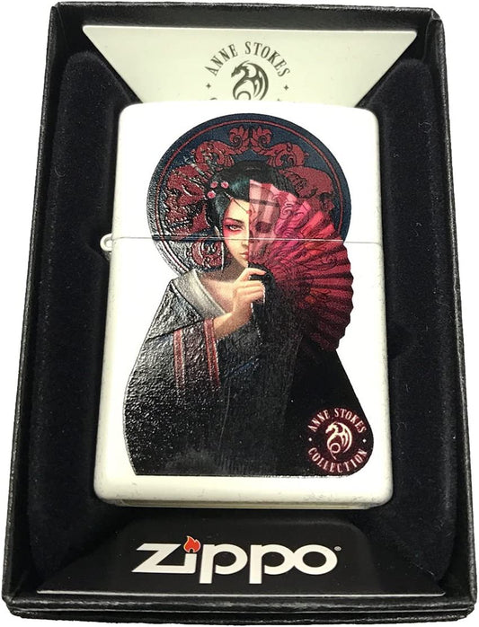 Anne Stokes Geisha with Fan - White Matte Zippo Lighter