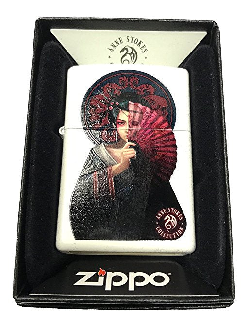 Anne Stokes Japanese Geisha with Fan - White Matte Zippo Lighter