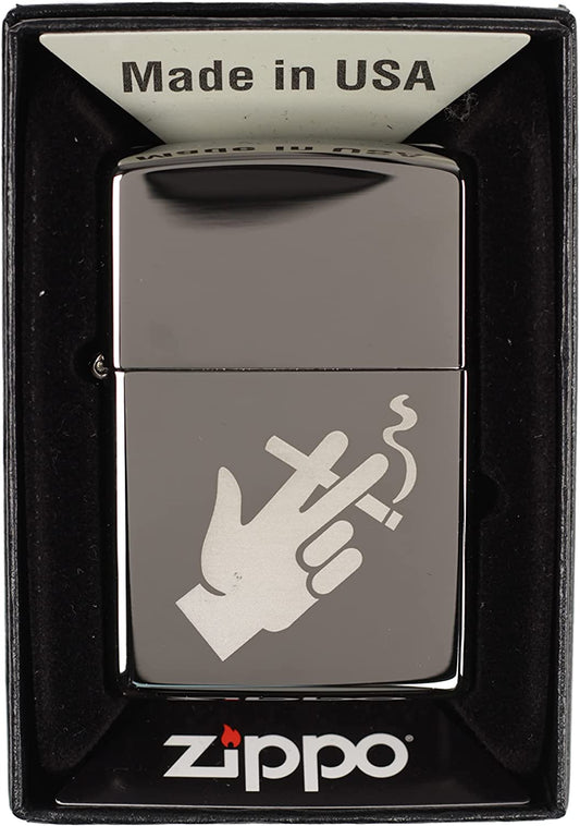 Smoker Hand Holding Cigarette - Engraved Black Ice Zippo Lighter