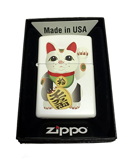 Lucky Japanese Maneki Neko Beckoning Cat Design - White Matte Zippo Lighter
