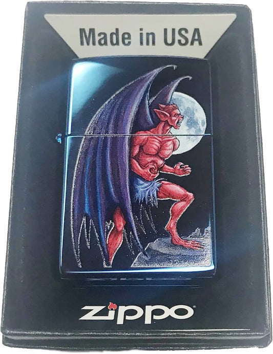 Winged Devil Demon with Full Moon - High Polish Blue/Sapphire Zippo Lighter