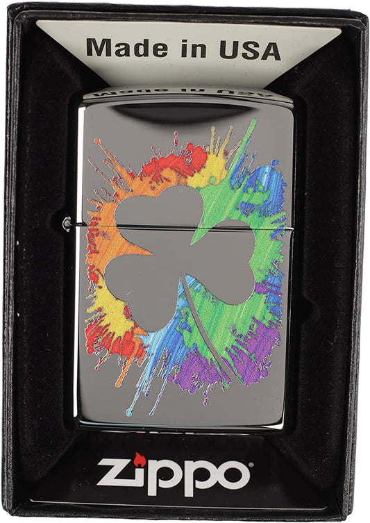 Rainbow Shamrock Paint Splatter Outline - High Polish Chrome Zippo Lighter