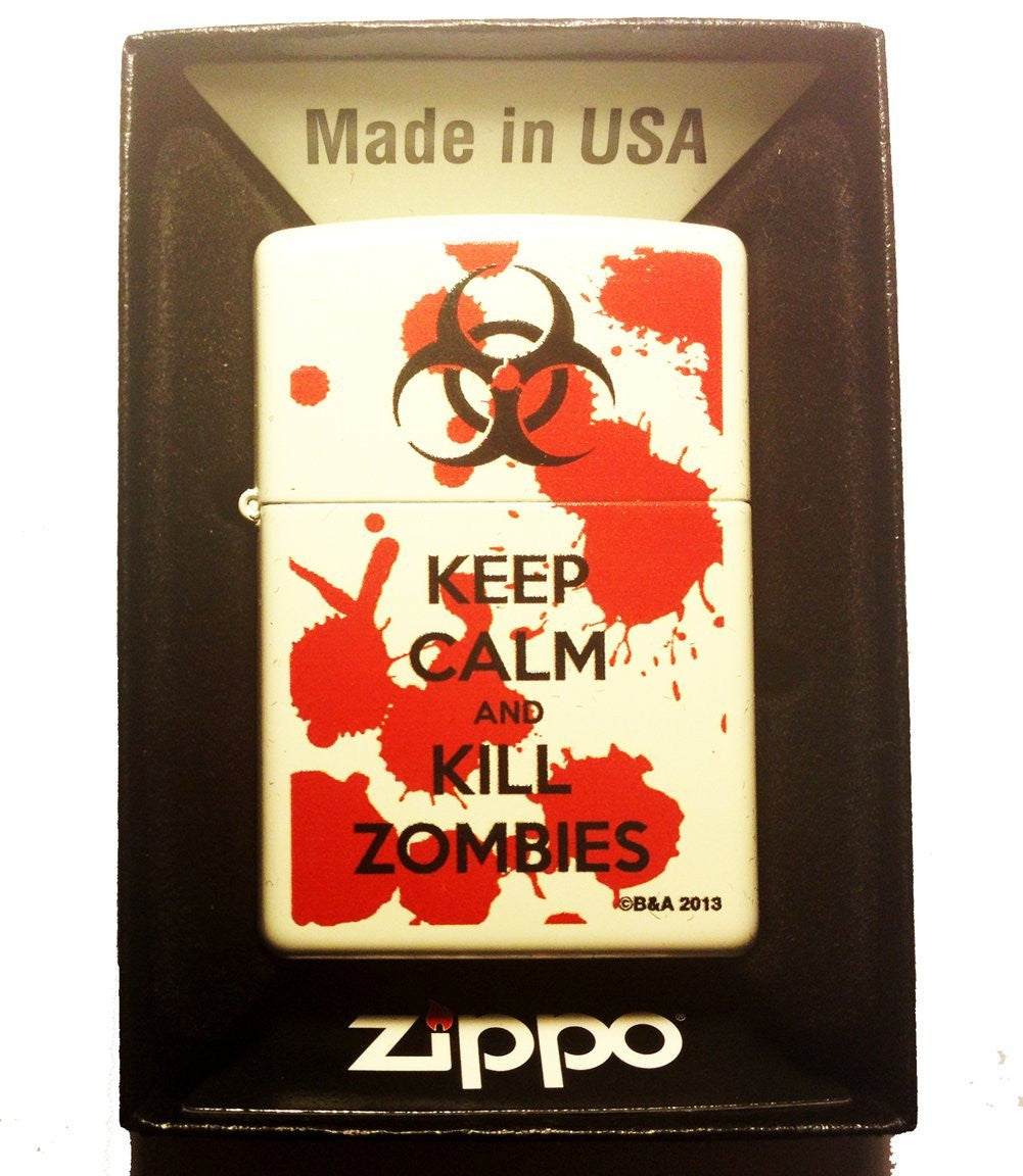 Keep Calm and Kill Zombies with Blood Splatters and Biohazard Symbol - White Matte Zippo Lighter
