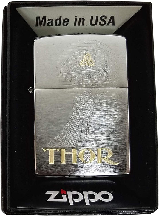 Thor's Mythological Hammer Mjolnir - 2 Tone Engraved Brushed Chrome Zippo Lighter