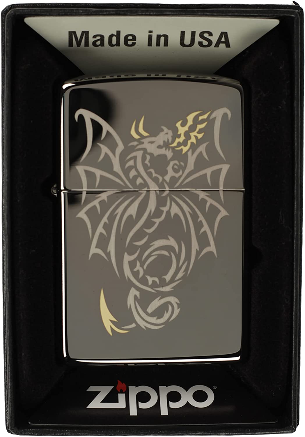 Tribal Style Dragon Breathing Fire - 2 Tone Engraved Black Ice Zippo Lighter