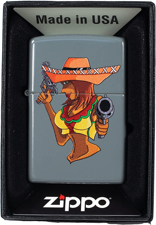 Busty Sombrero Babe with Guns - Flat Grey Zippo Lighter