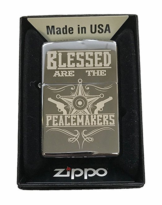 "Blessed Are The Peacemakers" Vintage Sheriff Police Star and Guns - Engraved High Polish Chrome Zippo Lighter