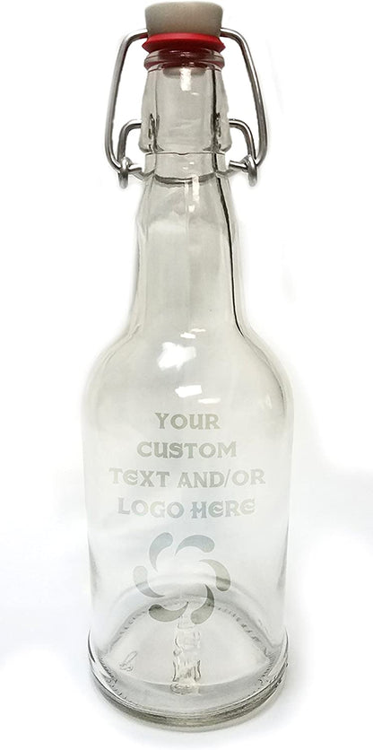 Custom Engraved OR Color Printed 16 oz Corked Glass Bottles - Add Your Text or Logo