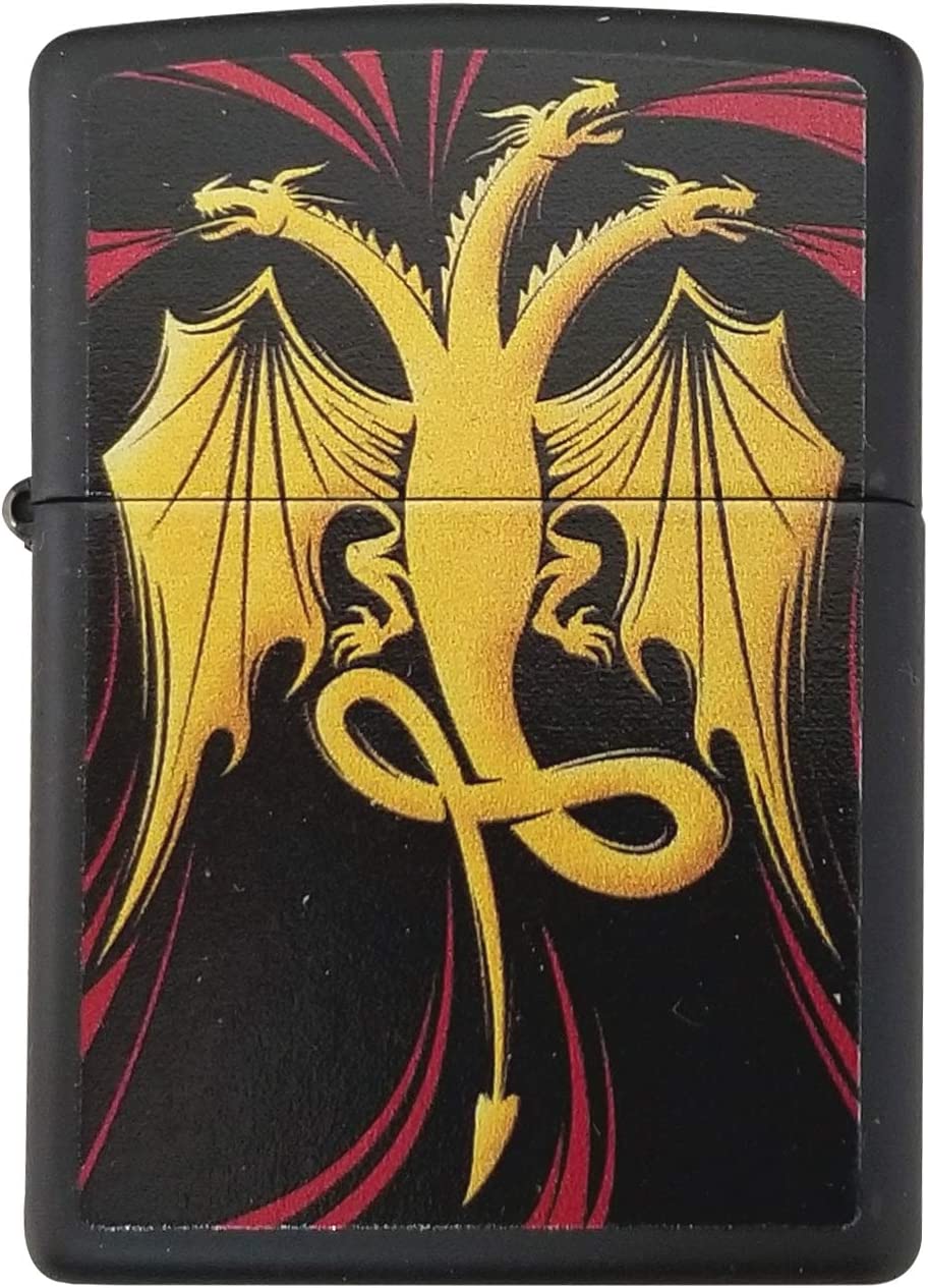 3 Headed Fantasy Dragon Design - Black Matte Zippo Lighter