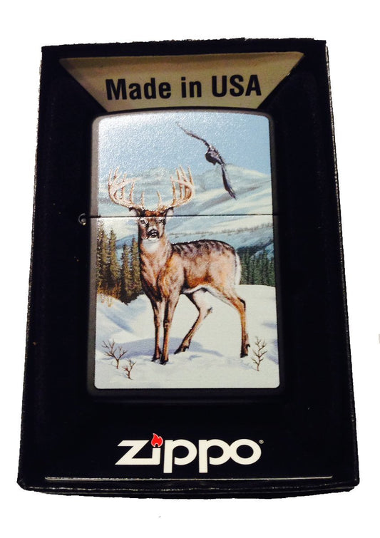 White Trail Buck and Soaring Eagle - Black Matte Zippo Lighter