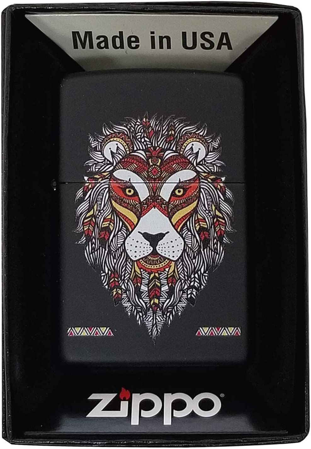 African Tribal Lion Head Design - Black Matte Zippo Lighter