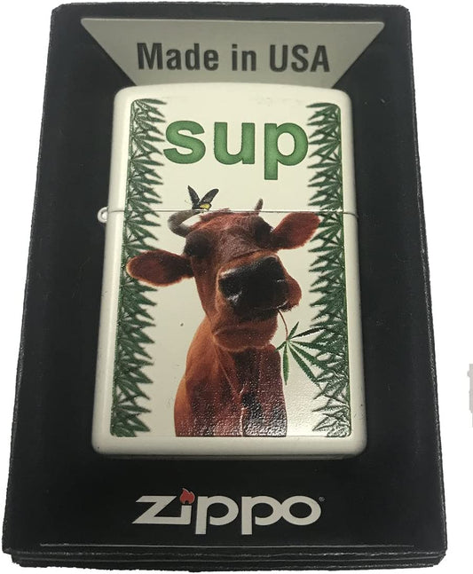 "Sup" Cow with Leaf - White Matte Zippo Lighter