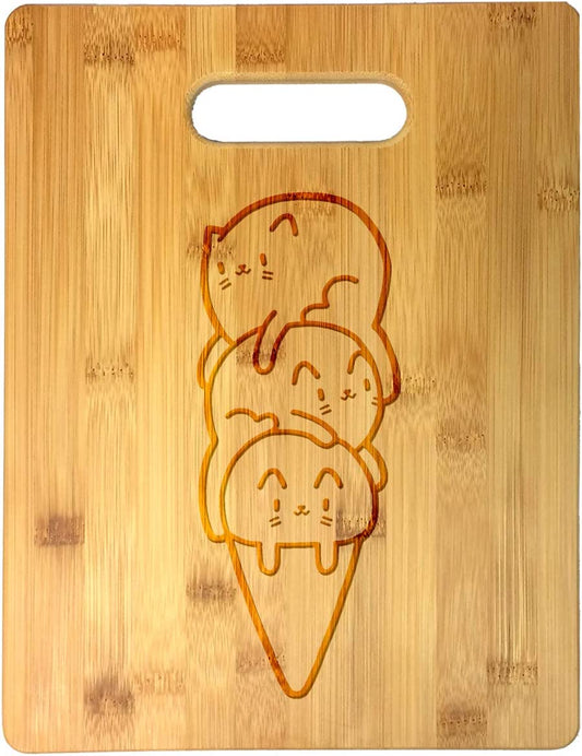 Cute Cat Ice Cream Cone Engraved Bamboo Wood Cutting Board