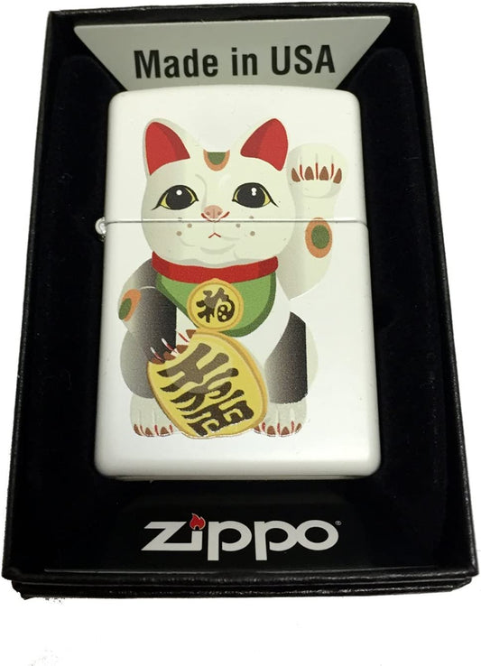 Lucky Cat (Maneki-Neko) - White Matte Zippo Lighter