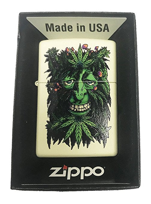 Green Face Man with Pot Leaves and Mushrooms - Cream Matte Zippo Lighter