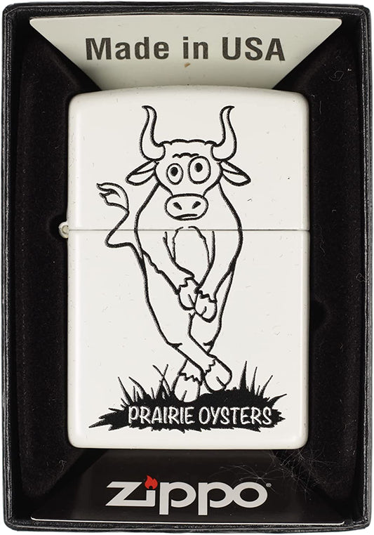 Prairie Oysters Funny Bull Design - White Matte Zippo Lighter