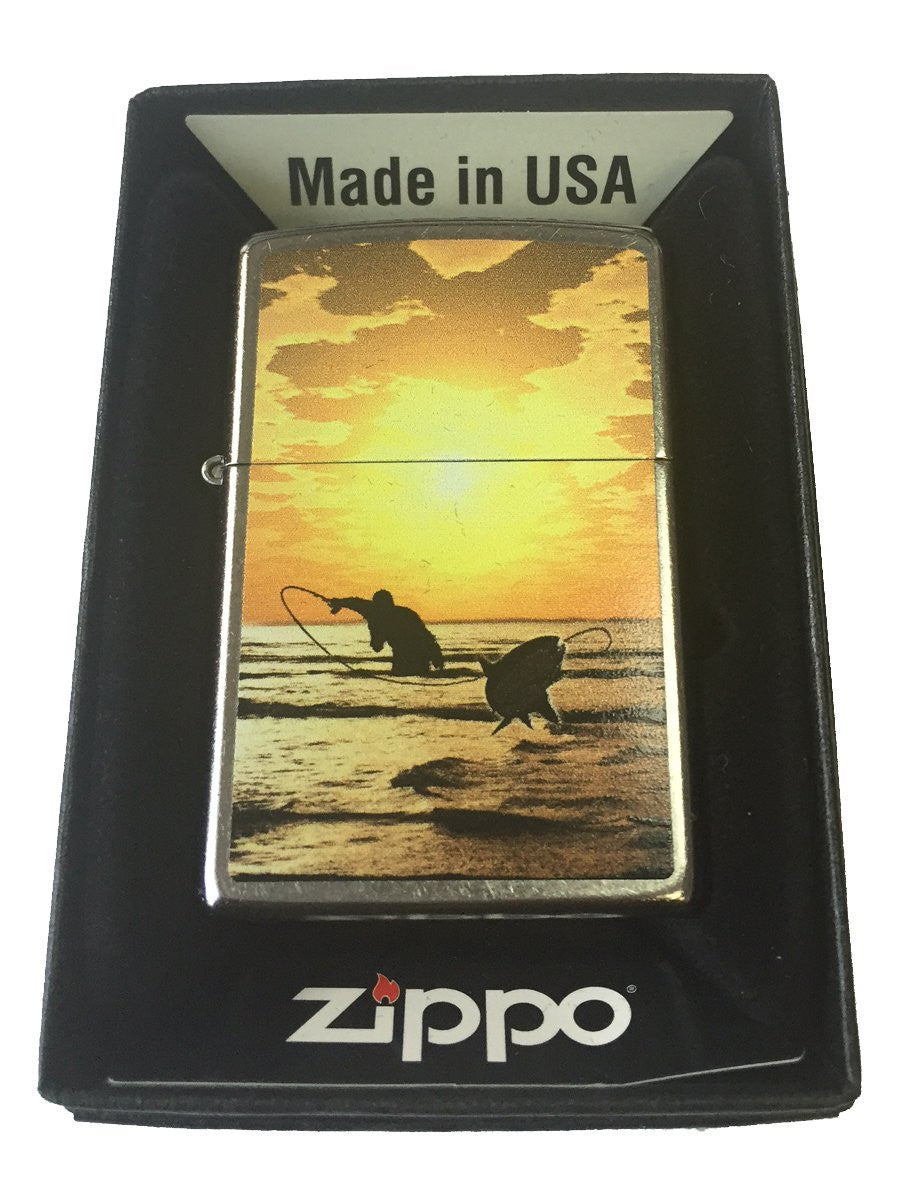 Zippo Custom Lighter - Gone Fishing Sunset Scene Fly Fishing Street Chrome
