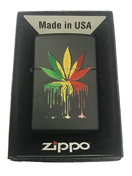 Drippy Rasta Weed Leaf - Black Matte Zippo Lighter