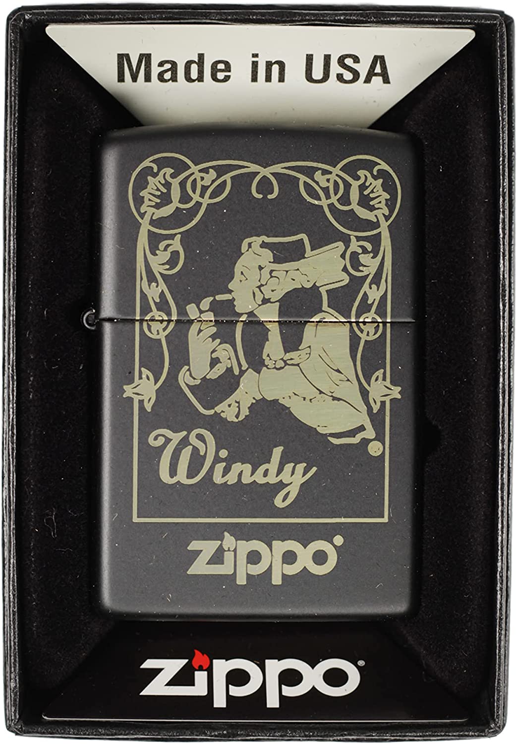 Elegant Windy Girl Window - Engraved Black Matte Zippo Lighter
