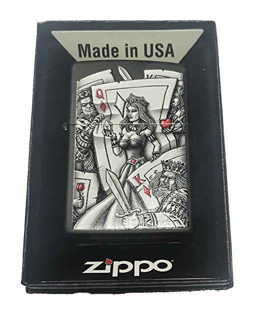 Queen of Diamonds Card Gambling with Kings - Black Matte Zippo Lighter