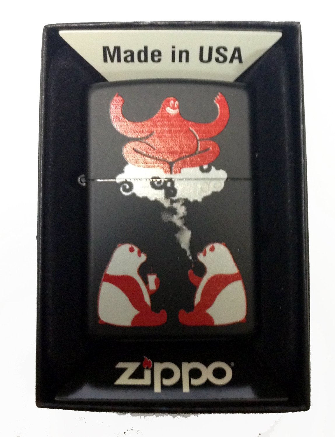 Cute Hallucinating Smoking and Drinking Pandas with Red Genie - Black Matte Zippo Lighter