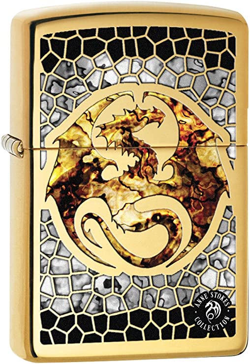 Anne Stokes Dragon Emblem with Scales Design - Fusion High Polish Brass Zippo Lighter