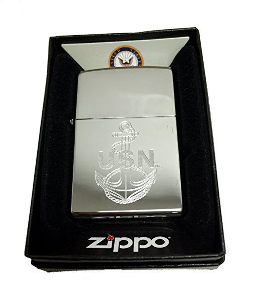 U.S. Navy Anchor Logo - Engraved High Polish Chrome Zippo Lighter