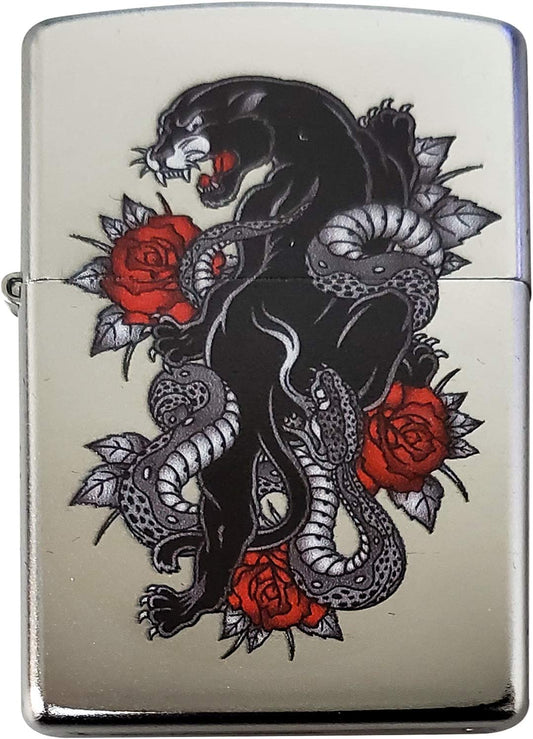 American Rose Panther Tattoo - Satin Chrome Zippo Lighter