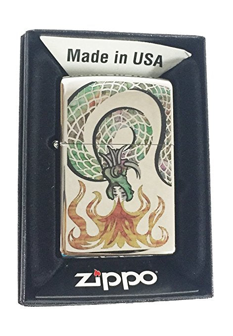 Coiled Attacking Dragon Wyrm with Flames - Fusion High Polish Chrome Zippo Lighter