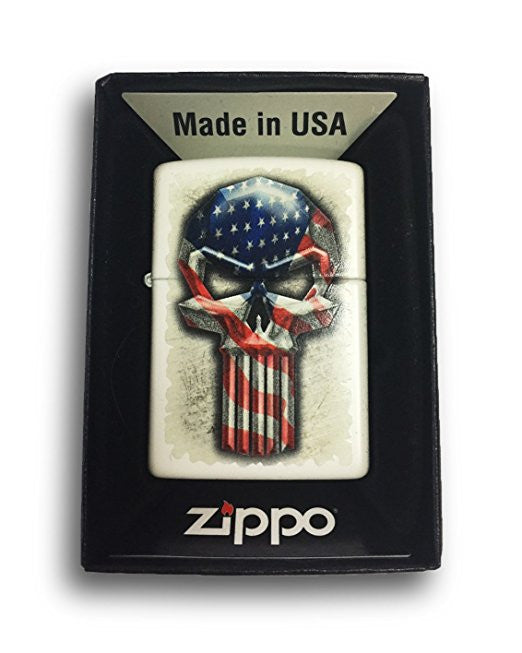 Long Punisher Skull with American Flag - White Matte Zippo Lighter