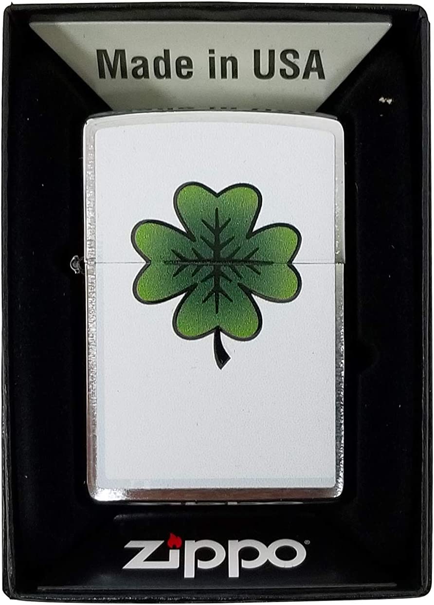 Double Sided Lucky Irish Four Leaf Clover Shamrock - Brushed Chrome Zippo Lighter