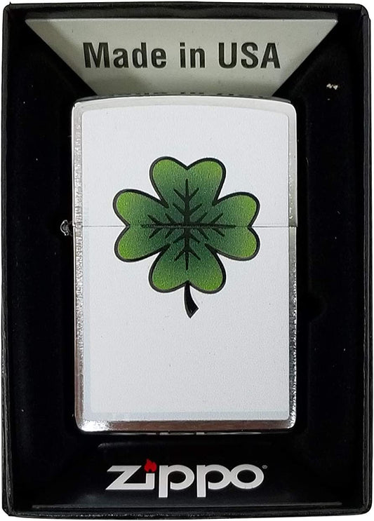 Double Sided Lucky Irish Four Leaf Clover Shamrock - Brushed Chrome Zippo Lighter