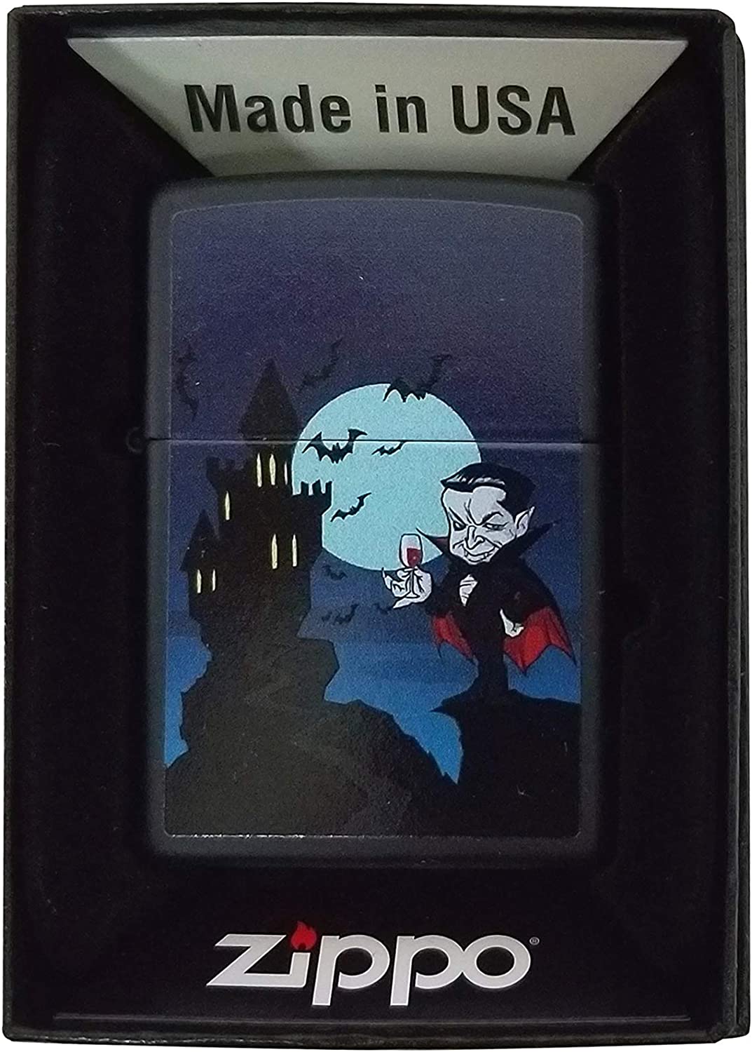 Cute Cartoon Vampire Dracula and Castle - Black Matte Zippo Lighter